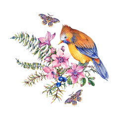 Watercolor vintage floral forest greeting card with bird, berries, moth, fern, pink flowers.