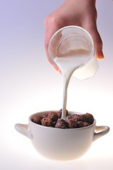 Crisp breakfast with milk. Healthy food. Close-up