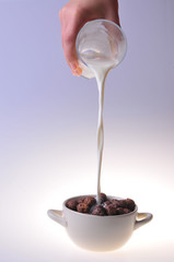 Crisp breakfast with milk. Healthy food. Close-up