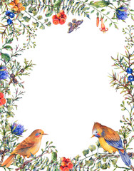 Naklejka premium Watercolor vintage floral forest vertical frame with pair of birds, fir branches, berries, moth, flowers and branches.