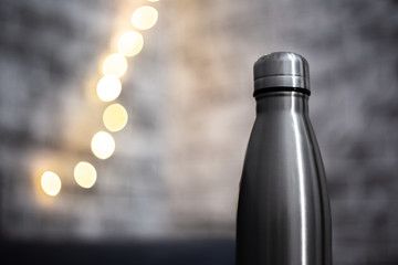 Close-up of steel thermo water bottle.