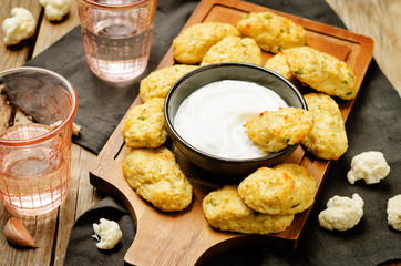 Baked cauliflower Tots on a wood background