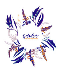 Obraz premium Wedding navy contrastfloral frame Save the date. Garden flowers and leaves illustration. Vector botanical wreath arrangements. Forest foliage. Design template greeting card. Invitation background.