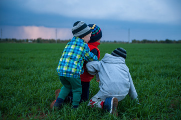 happy children playing in field sown with winter wheat against backdrop of rain clouds. Brothers have fun on vacation in village. Tradition of respect for nature, sports and harmonious life.