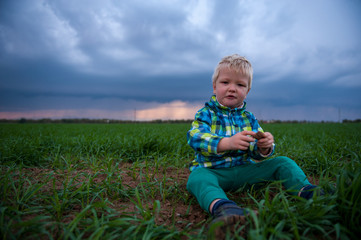 Naklejka na ściany i meble happy children playing in field sown with winter wheat against backdrop of rain clouds. Brothers have fun on vacation in village. Tradition of respect for nature, sports and harmonious life.