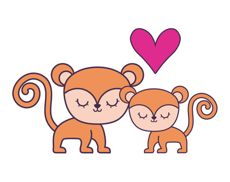 couple of cute monkey animal isolated icon