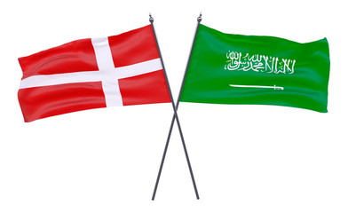 Denmark and Saudi Arabia, two crossed flags isolated on white background. 3d image