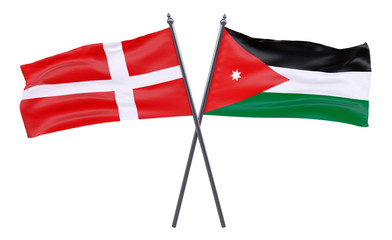 Denmark and Jordan, two crossed flags isolated on white background. 3d image