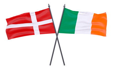 Denmark and Ireland, two crossed flags isolated on white background. 3d image