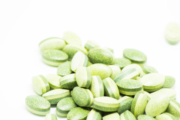  Medications in the form of capsules, tablets and gelatin on a white background