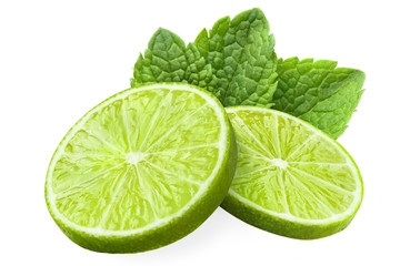 Fresh lime slices and mint leaves, isolated on white background