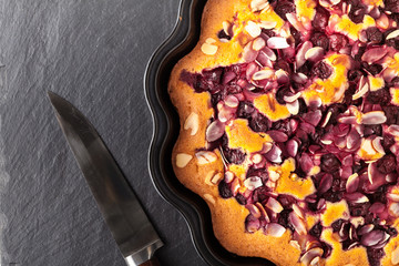Obraz premium tart with blackberry on dark back sliced pie with berries