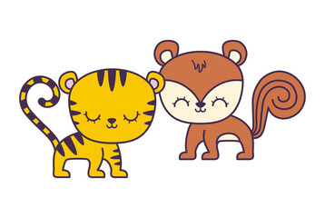 cute tiger with chipmunk animals isolated icon