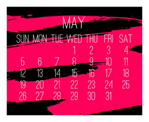 May year 2019 monthly calendar