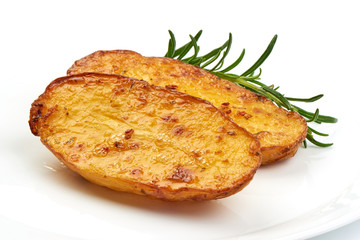 Baked potato wedges, fried potatoes, close-up, isolated on white background