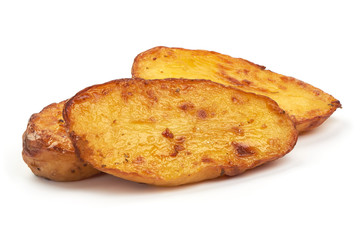 Fry country style potato wedges, baked potatoes, close-up, isolated on white background