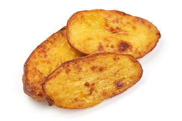 Homemade baked potato wedges, fry potatoes, close-up, isolated on white background