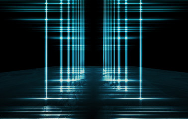 Background of empty street, room. Background of empty scene at night. Concrete coating. Reflection on wet pavement of neon lights. Neon blue lines. Dark abstract background.