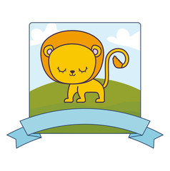 cute lion in landscape with frame and ribbon