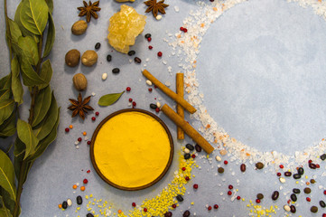turmeric and spices, pepper, cumin, coriander, salt, cinnamon, ginger and place for your inscription
