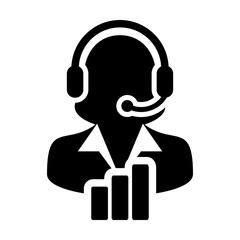 Fototapeta na wymiar Stock market icon vector female customer care data support person profile avatar with headphone and bar graph for online assistant in glyph pictogram illustration