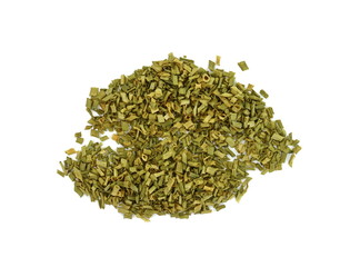 Pile of dried oregano isolated on white. Pile of dried oregano leaves on a white background. Spice for pizza. Pizza ingredient.