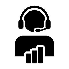 Business service icon vector male customer care data support person profile avatar with headphone and bar graph for online assistant in glyph pictogram illustration