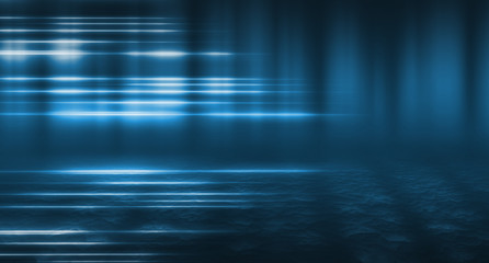 Background of empty street, room. Background of empty scene at night. Concrete coating. Reflection on wet pavement of neon lights. Neon blue lines. Dark abstract background.