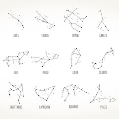 Zodiac sign hand drawn constellations set