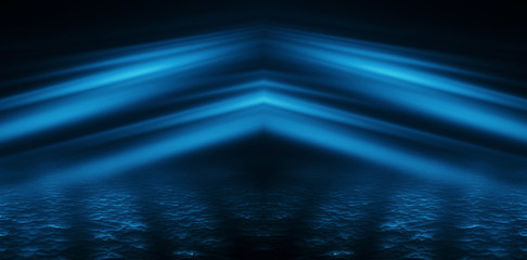 Background of empty street, room. Background of empty scene at night. Concrete coating. Reflection on wet pavement of neon lights. Neon blue lines. Dark abstract background.