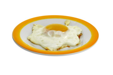 fried egg on a white plate isolated on white, top view.