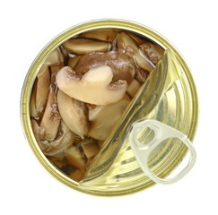 Canned Mushroom Slices and Pieces in Can Isolated on White with a Clipping Path.