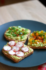 Three slices of toast with mashed avocado and various vegetable and herb toppings. Selective focus.