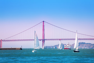 San Francisco bay with yachts and ships, USA