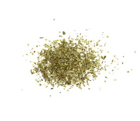 Pile of dried oregano isolated on white. Pile of dried oregano leaves on a white background. Spice for pizza. Pizza ingredient.