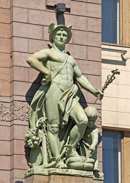 Hermes's sculpture on a facade of the Academic comedy theater of N.P. Akimov. St. Petersburg