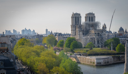Paris, France - 04 17 2019: The day after the fire at Notre-Dame Cathedral. View from Arab world...