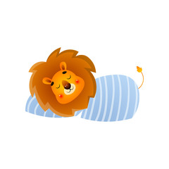 Cute colorful lion sleeping on soft pillow bed