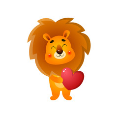 Cute lovely gold lion give a red heart on valentines