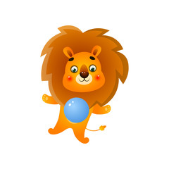 Cute colorful gold lion playing with blue rubber ball