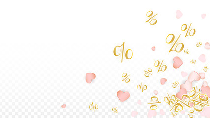 Vector Percentage Sign and Hearts Confetti on Transparent Background. Percent Sale Background. Business, Economics, Finance Print. Discount Illustration. Black Friday Banner. Special offer.