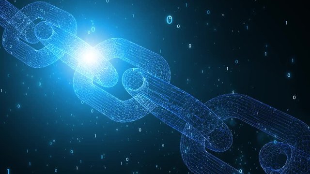 Artistic shiny blockchain chain 3d object rotation on motion cyberspace background.