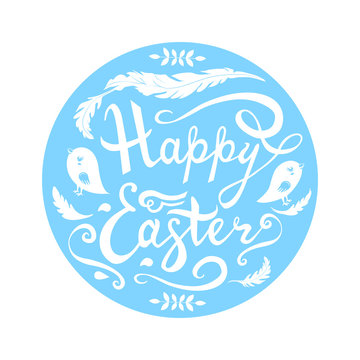 lettering phrase happy easter with birds, flourishes, feathers in blue round icolated on white