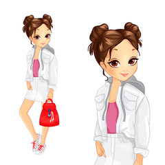 Obraz premium Cute Girl In Cool White Denim Suit