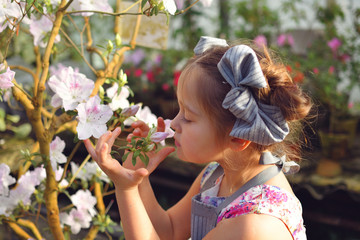 Child planting spring flowers. beautiful girl gardener plants azalea. Child taking care of...