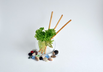 breadsticks, lettuce leaves in a transparent vase decorated with sea stones and shells