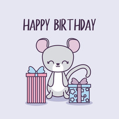 happy birthday card with cute mouse and gift boxes