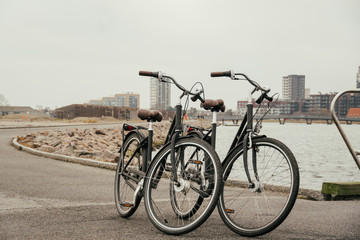Fototapeta na wymiar Two identical retro black city bicycles parked on embankment, road along Baltic Sea, embankment with asphalt path background of sdan and city Copenhagen Denmark in winter cloudy weather