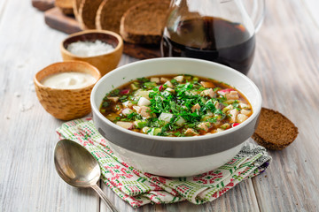 Traditional Russian summer cold soup okroshka with kvass in bowl on wooden background. Selective...