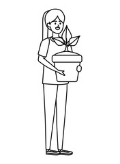 beautiful woman lifting houseplant in pot